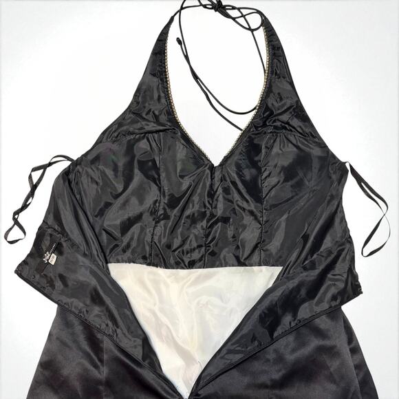 Vintage 80s Jump Apparel Black Halter Prom Gown 11/12 Rhinestone Trim Crinoline - Picture 14 of 16